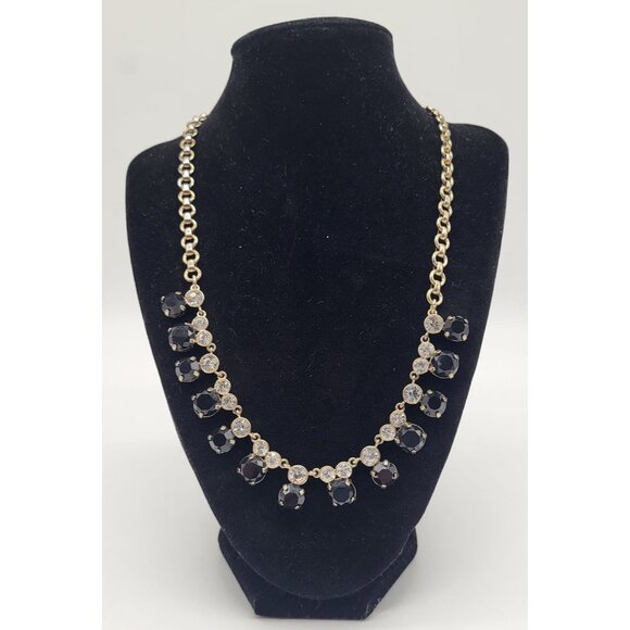 J. Crew Gold Tone Black Clear Rhinestones Statement Bib Necklace Prom Wedding - Picture 1 of 7